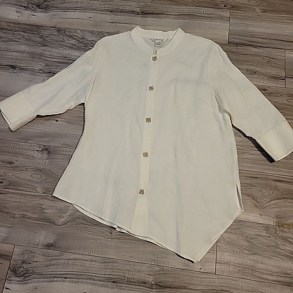 Orvis Linen Blouse Womens Large White Top Long Sleeves Button Up‎
